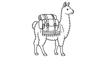 Fototapeta premium Black outline vector icon of a woolly llama in side profile wearing a strapped pack saddle with rolled bundle and tasseled blanket drawn with medium lines showing shaggy fleece and sturdy legs