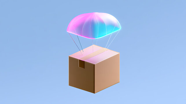 A 3D render of a cardboard package descend by a neon parachute in a blue background, perfect for modern logistics and shipping theme