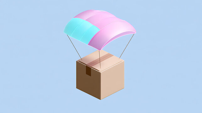 A 3D render of a cardboard package descending with a pink and blue parachute, symbolizing quick online shopping and safe delivery service