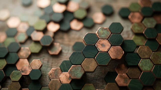 Macro view of scattered hexagonal tiles in dark green and metallic copper tones, arranged in a textured honeycomb pattern on a rustic wooden surface