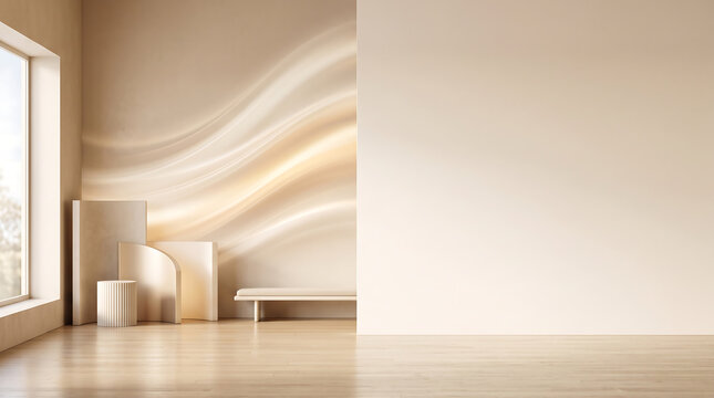 Minimalist interior room with beige walls, wooden floor, geometric pedestals, and soft glowing aurora-style light waves projected on the wall