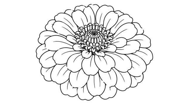 Black outline vector icon of a zinnia bloom with dense layered petals radiating around textured central disk florets, circular head drawn with thin lines in centered composition evoking full bloom