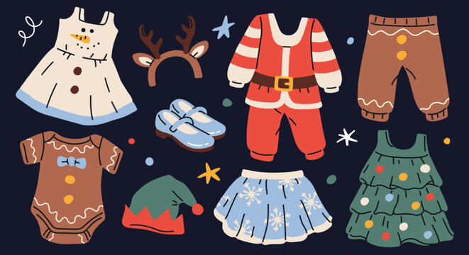 Cute set of children's Christmas costumes including Santa, snowman, reindeer, gingerbread, elf, Christmas tree and snowflake outfits. Flat vector illustration for winter holiday celebrations.