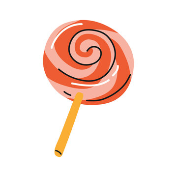 Traditional round swirl lollipop with a colorful spiral pattern and wooden stick. Cute flat  vector illustration of a classic hard candy treat for confectionery and kids designs.