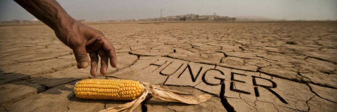 A person&rsquo;s hand reaches for a corn cob on the ground, which is cracked from drought, and the word &ldquo;HUNGER&rdquo; (hunger) has been scratched into it.
