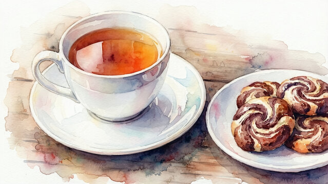 Watercolor painting illustration of a warm cup of tea in a white teacup and saucer, accompanied by a plate of swirl pattern marble cookies on a wooden table.