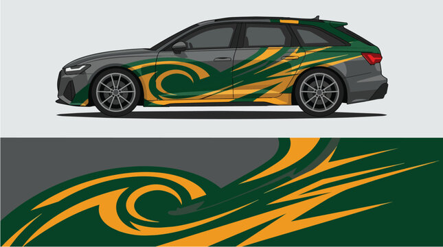 Car Wrap Design with Dynamic Swirl Decal in Green and Yellow