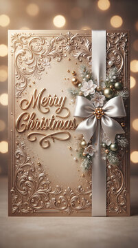 Merry Christmas Embossed Champagne Gold Card with Satin Ribbon Bow