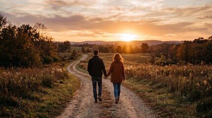 Obraz premium Couple walking hand in hand on a dirt road at sunset in a rural landscape with rolling hills and autumn trees
