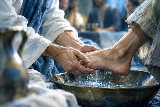Watercolor painting of Jesus washing a disciple's bare foot, a sacred act symbolizing humility, service, and Christian faith.