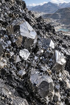 Raw molybdenum ore crystals on shale, showcasing strategic mineral resources for renewable energy and industrial applications.