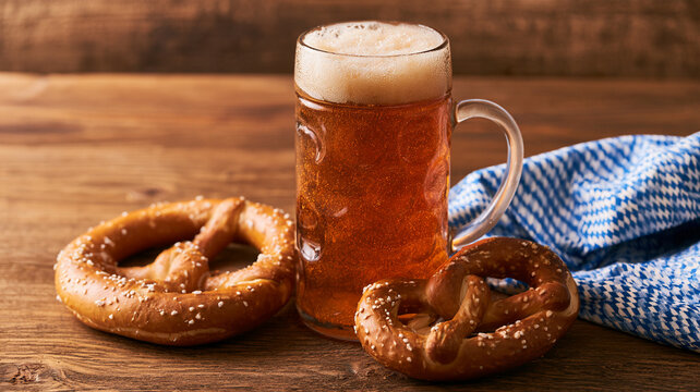 Bavarian autumn festival table with pretzel and beer stein