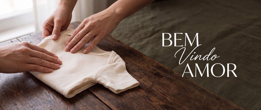 Hands folding neutral baby clothes onesie on rustic wood table for newborn arrival. Tender pregnancy announcement and nesting concept featuring Portuguese text Bem Vindo Amor meaning welcome sweet lov
