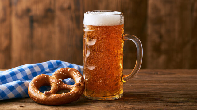 Bavarian autumn festival table with pretzel and beer stein