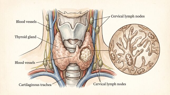 Medical illustration showing thyroid cancer with a thyroid gland tumor, blood vessels, and cervical lymph nodes highlighting potential lymphatic spread.