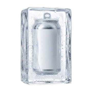 Metal beverage can completely frozen inside a transparent ice block transparent background
