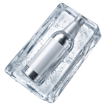 A frozen aluminum bottle inside a large block of ice transparent background