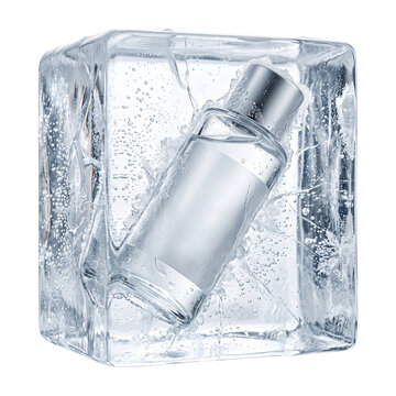 Perfume bottle frozen inside a large transparent ice cube transparent background