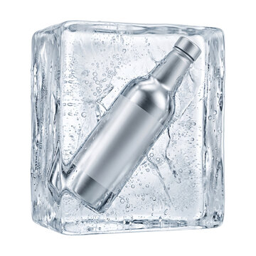 A metallic bottle is frozen inside a large ice cube transparent background