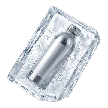 Metal aluminum bottle frozen inside a large ice block transparent background
