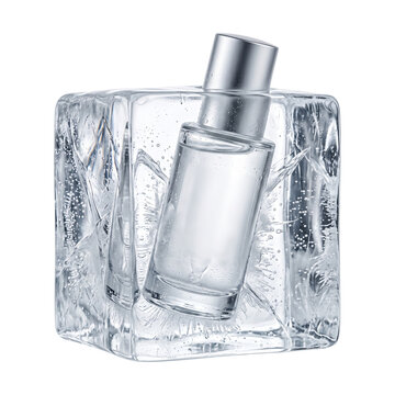 A glass perfume bottle frozen inside a large ice cube transparent background
