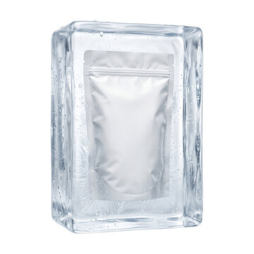 Mockup pouch frozen inside a large rectangular ice block transparent background