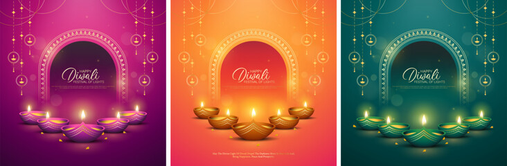 Fototapeta premium Happy Diwali - Festival of Lights Celebration Background Poster Set Design With Decorative Diya. Indian Hindu Light Festival. Holiday Background