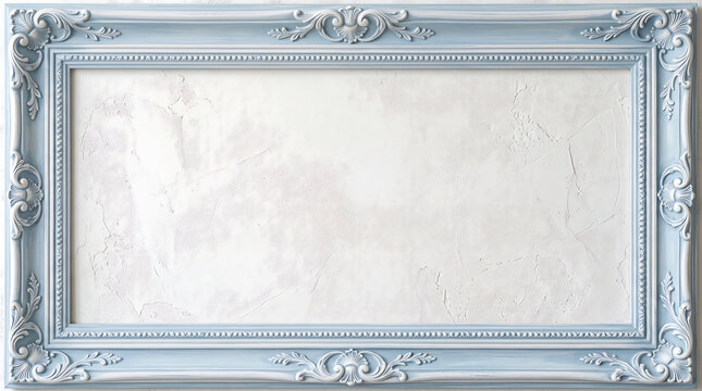 Rectangular ornate light blue frame with a textured white plaster wall background, vintage style molding with floral carvings and beaded inner edge detail