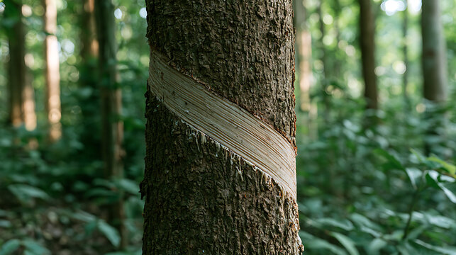 Close-up of Para rubber tree Hevea brasiliensis trunk with cut bark for latex sap harvest in tropical plantation forest sustainability