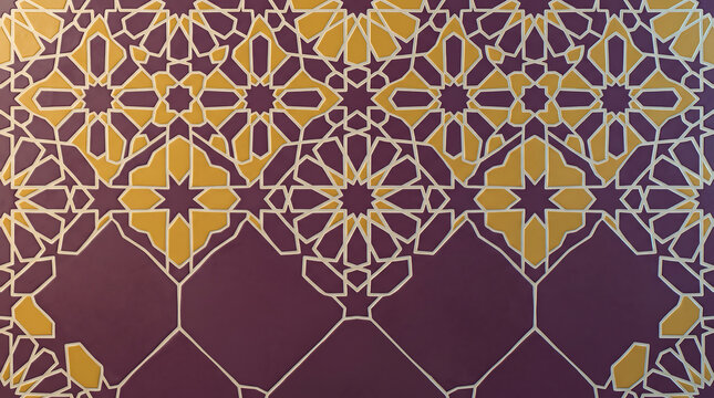 Seamless geometric pattern with white linear stars, interlocking polygons, and alternating purple and mustard yellow shapes in an islamic tile style