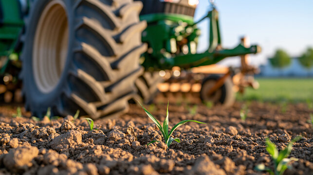 Agricultural drilling equipment preparing soil during early morning field operations, precision farming, soil preparation, planting technology, farm machinery, rural productivity,
