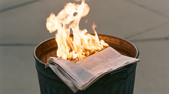 Bright orange flames erupt from a metal trash can containing burning old newspapers, creating a dramatic and chaotic mood for concepts