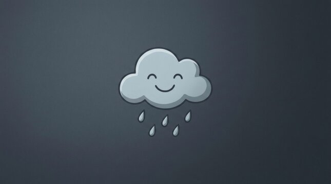 Happy rain cloud character with smiling face dropping raindrops on solid muted background.