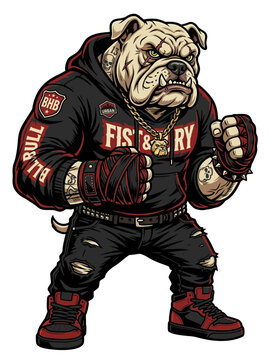 Tough Anthropomorphic Bulldog Brawler Mascot in Black Hoodie and Ripped Jeans