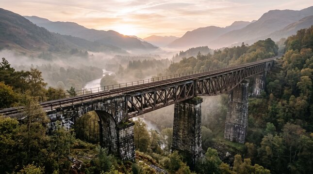 Historic railway viaduct spanning across scenic misty mountain valley during breathtaking golden sunrise