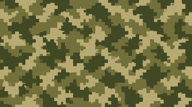 Seamless repeating digital camouflage pattern forming pixelated geometric patches in muted olive green, khaki tan and forest green shades vector illustration for textile fabric background