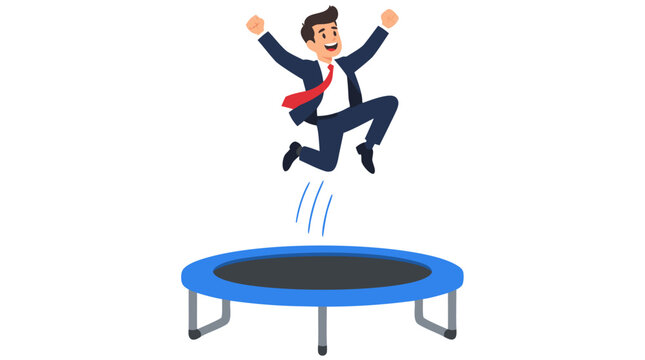 Joyful businessman in a navy suit and red tie leaping high into the air with raised fists above a circular blue trampoline vector illustration showing career rebound on a white background