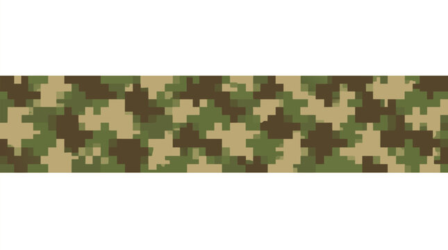 Seamless border strip of digital pixelated military camouflage pattern composed of geometric patches in olive green, dark brown and tan shades vector illustration across a plain white surface