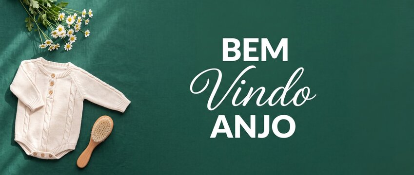 Baby announcement card Portuguese text bem vindo anjo with knitted white romper, wooden brush and daisy flowers flat lay on green fabric background for newborn welcome, pregnancy baby shower banner.