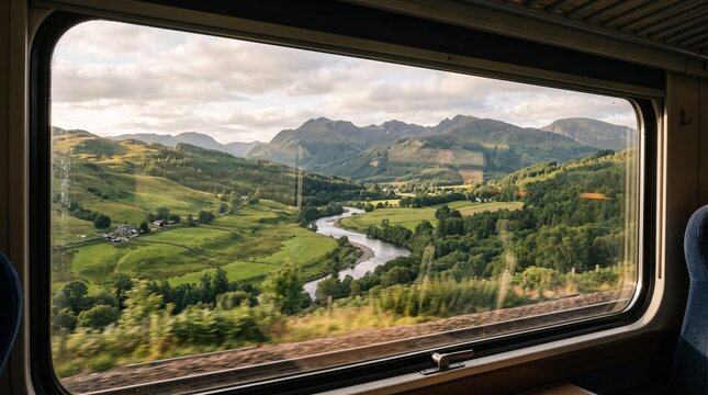 Scenic train window view showcasing lush green Scottish highlands landscape and winding river during daylight travel