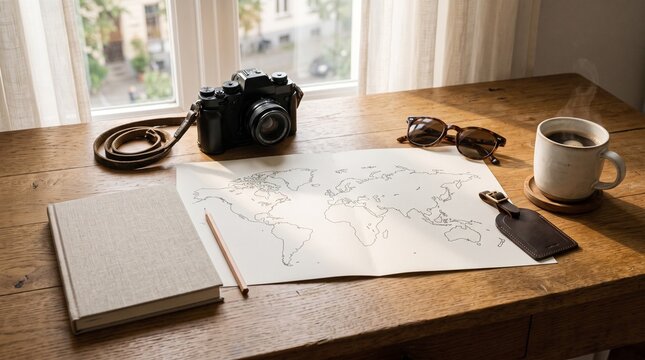 Vintage camera resting on wooden table alongside world map and hot steaming coffee mug