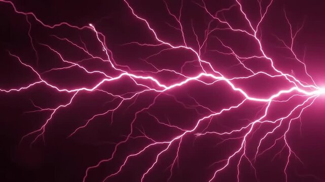 Slow motion radial lightning bolts emanating from glowing core with sparks across dark magenta background in studio atmosphere