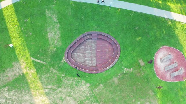 Aerial drone view of Una River islands and riverside park in Bihac, Bosnia and Herzegovina