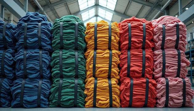 Color sorted bales of used clothing in a textile recycling hall
