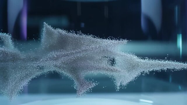 60 FPS Abstract particle cloud morphing into shark silhouette swimming through futuristic blue lab
