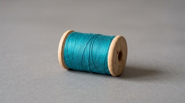 Close up of a wooden spool of vibrant teal thread on a neutral gray background
