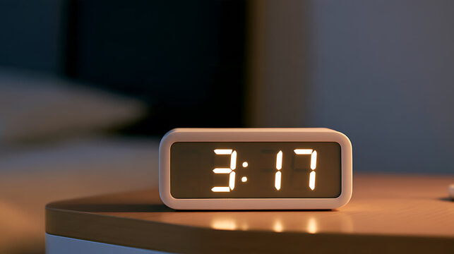 Digital clock glowing in the dark bedroom at night showing late hour on wooden bedside table for insomnia and sleep disorder concepts