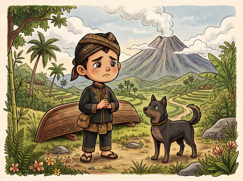 A touching scene of Asep standing quietly beside his faithful black dog,