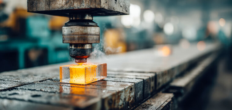 Industrial milling machine cuts a glowing metal block on a workshop table, precision manufacturing, machining process, engineering production, factory technology.