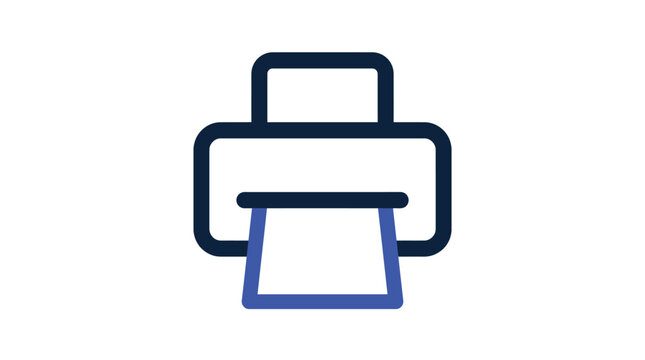 Minimalist printer outline icon featuring bold dark strokes and clean blue paper details